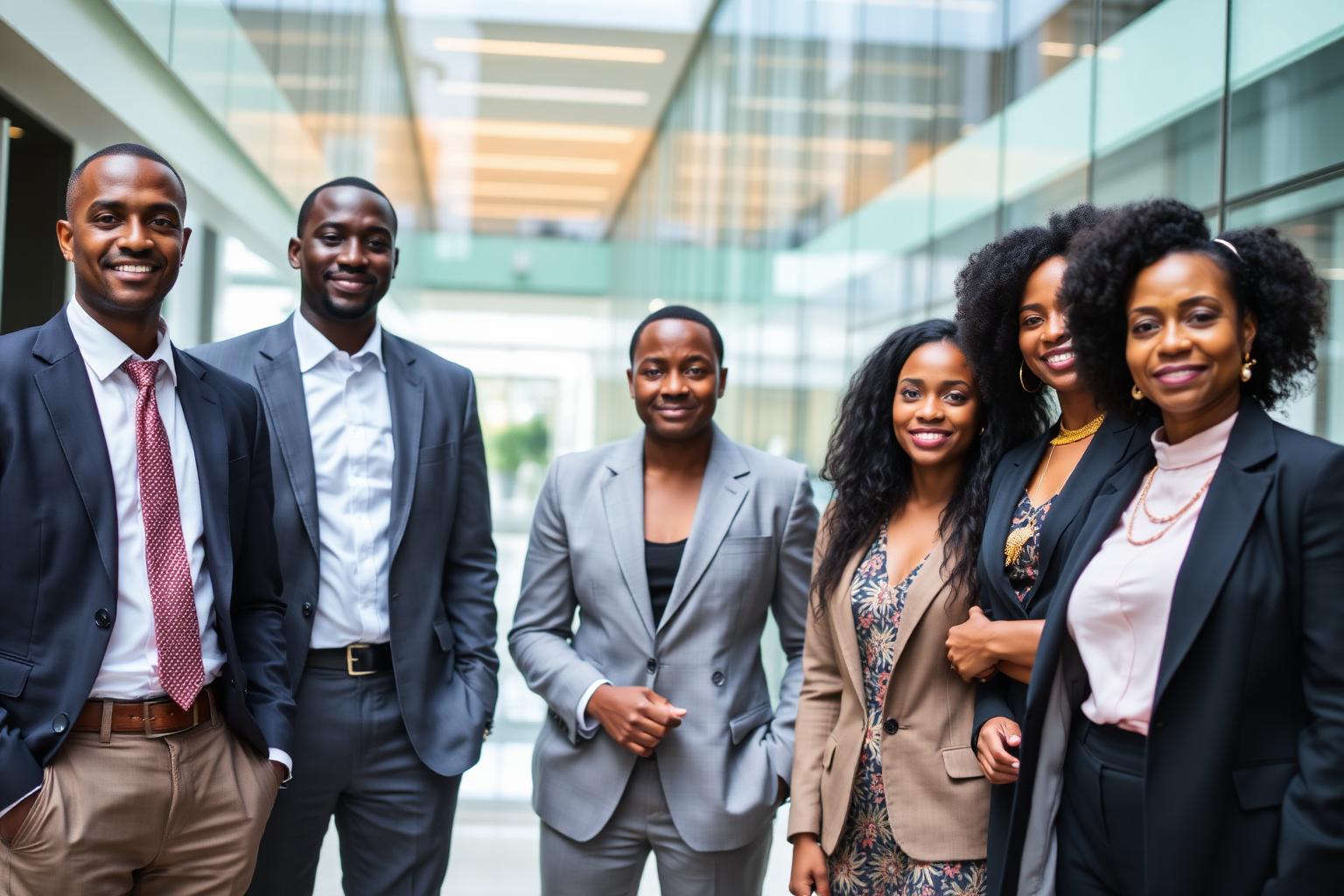 Ugandan business leaders meeting in a bright glass atrium